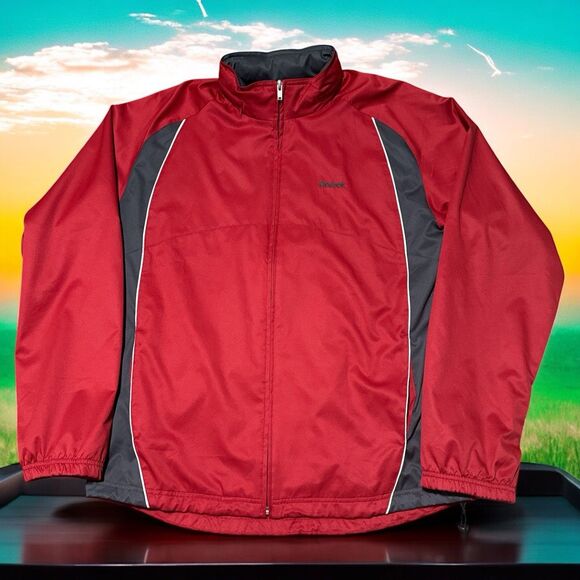 Reebok Windbreaker Jacket L Red Gray Half Zip Packable Hood Retro Y2K Style - Picture 1 of 6